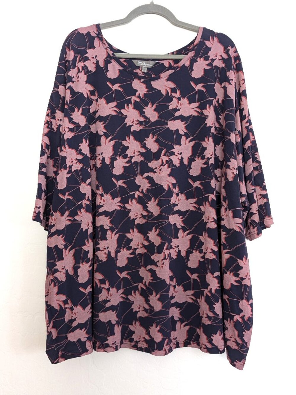 ULLA POPKEN Blouse 28/30 Navy Floral Print Tunic 3/4 Sleeve Pullover Casual Top
